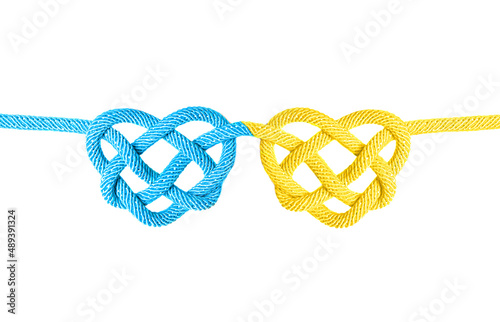 Blue and yellow heart shaped celtic knots isolated