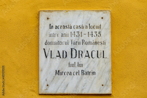 The sign of the birthplace of Vlad Dracula in Sighisoara in Romania