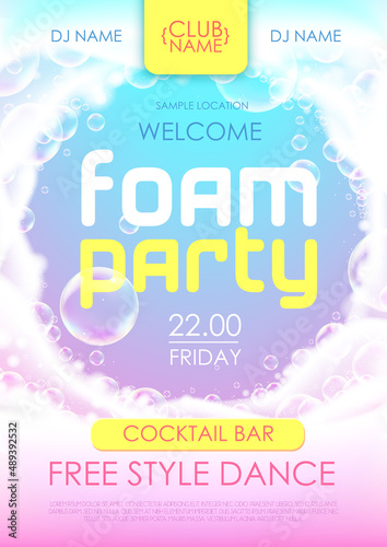 Disco foam party poster.  Soap foam with soap rainbow bubbles. Vector illustration