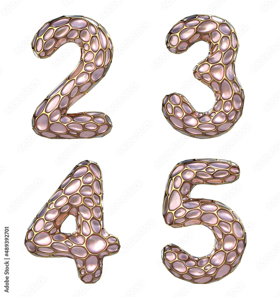 Obraz premium Number set 2, 3, 4, 5 made of realistic 3d render golden shining metallic. Collection of gold shining metallic with pink color glass symbol