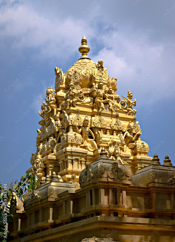 Intricately carved golden dome of famous Tirupati temple in Andhra Pradesh, India