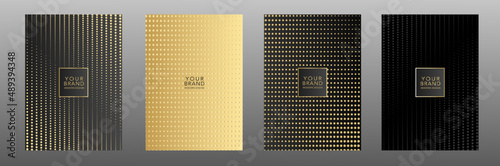 Modern luxury cover design set. Elegant fashionable background carbon texture, abstract dot digital geometric pattern in gold, black color. Premium vector for menu, flyer, card, template