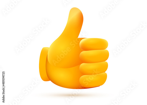 Vector illustration of yellow color thumb up emoticon on white background. 3d style design of approval emoji photo