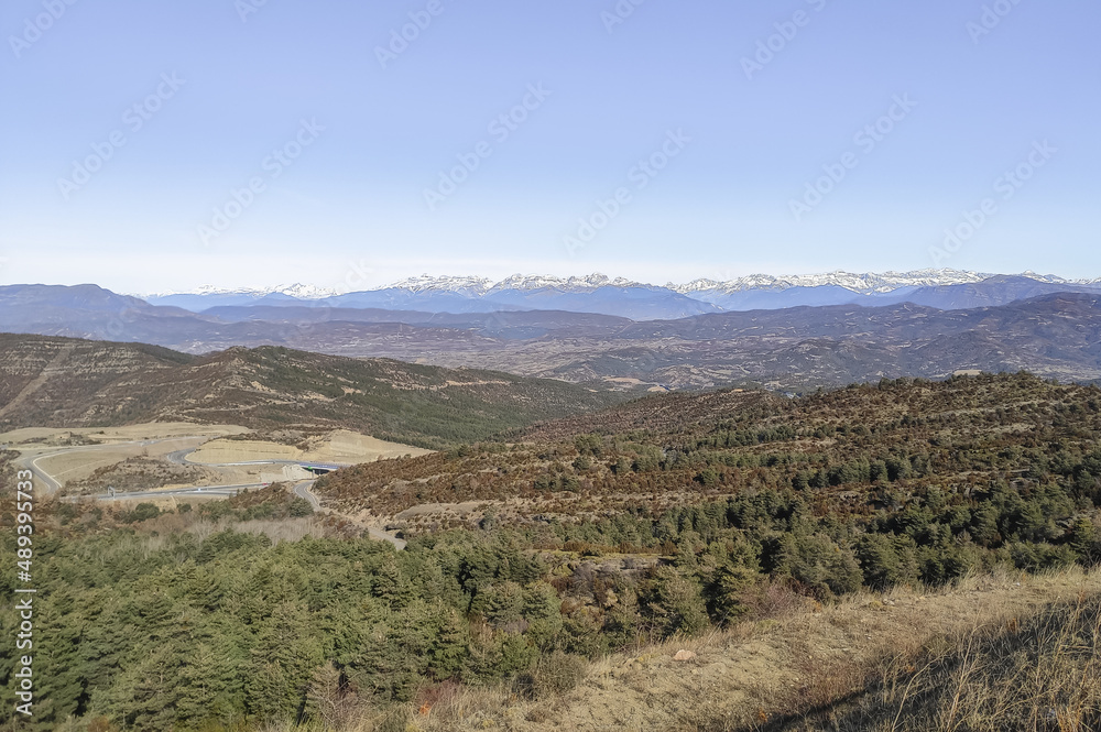 Aerial amazing view of Pyrenees from Monrepos mountain.Snow in Pyrenees mountains in winter landscape