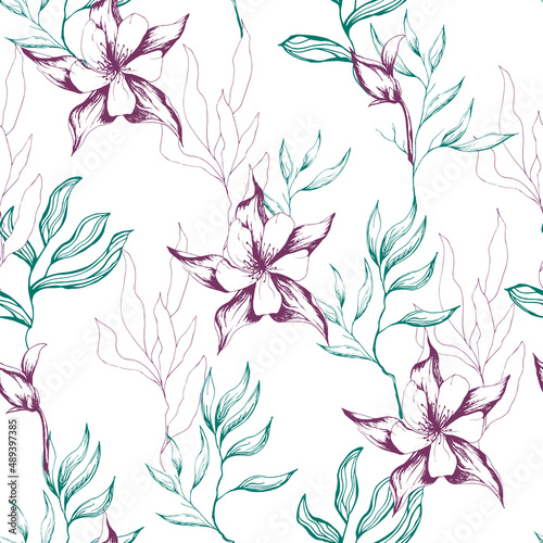 Light floral spring print, vintage seamless texture from hand drawn flowers on a white background.