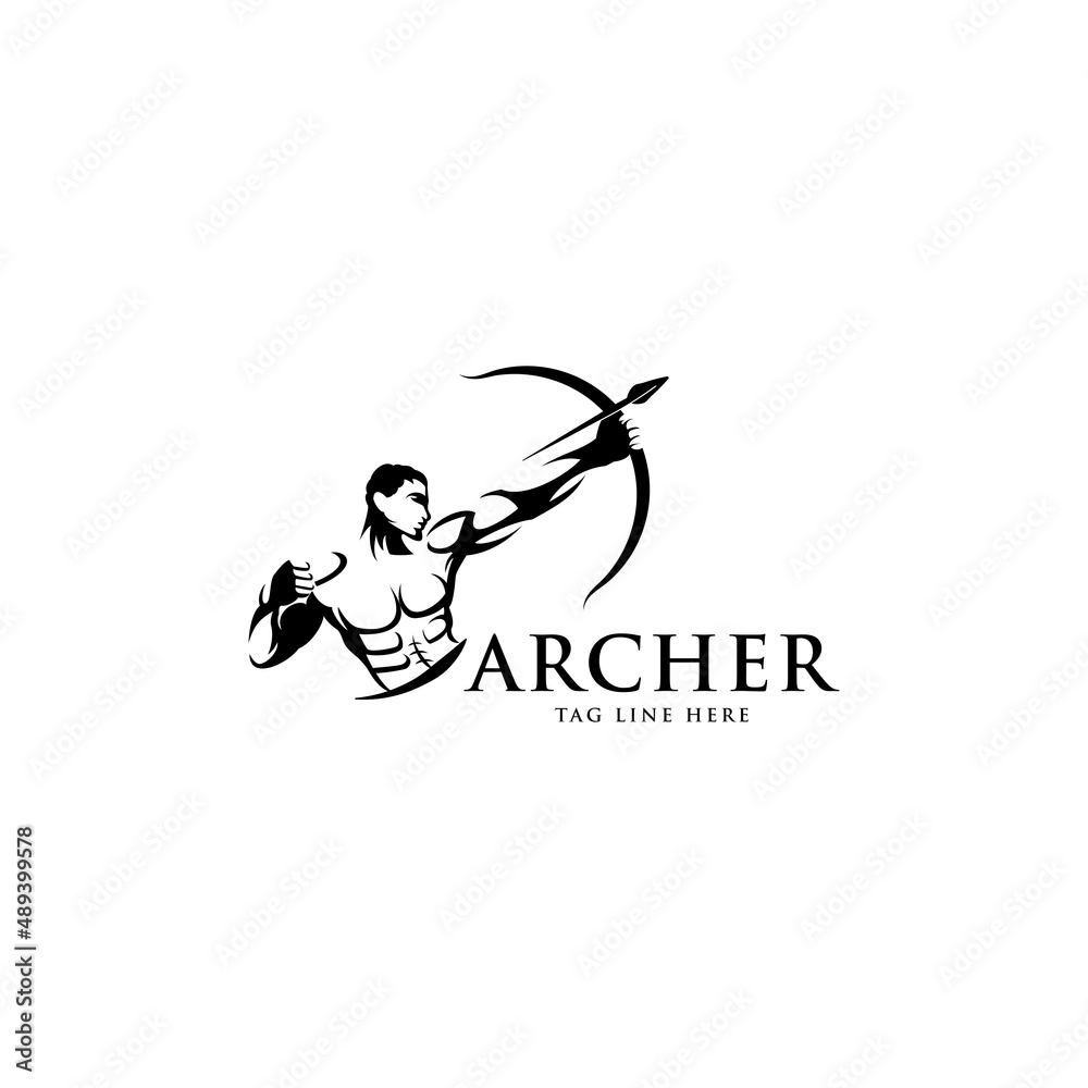 muscle man is a pulling bow logo design, archer logo concept, sports logo, black and white, silhouette man vector template