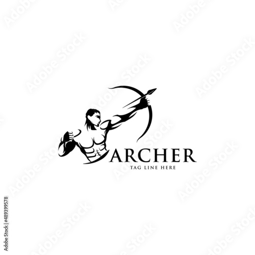 muscle man is a pulling bow logo design, archer logo concept, sports logo, black and white, silhouette man vector template