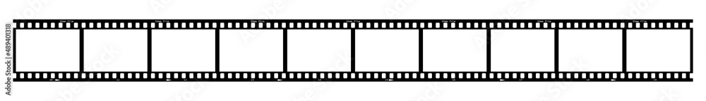 35mm film strip vector design with ten frames on white background. Black film reel symbol illustration to use in photography, television, cinema, photo frame.
