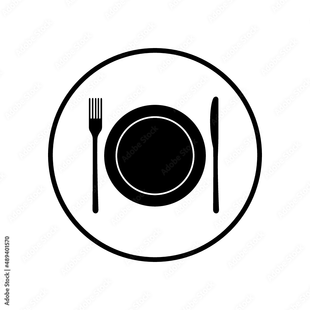 Fork, knife and plate icon. Simple round cutlery icons for web and print isolated on white background. Fork, knife and plate icon. Simple round cutlery icons for web and print isolated on white background.