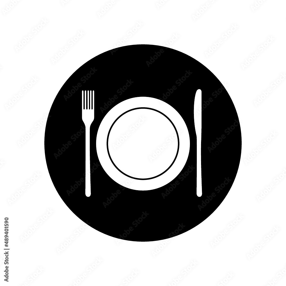 Fork, knife and plate icon. Simple round cutlery icons for web and print isolated on white background. Fork, knife and plate icon. Simple round cutlery icons for web and print isolated on white background.