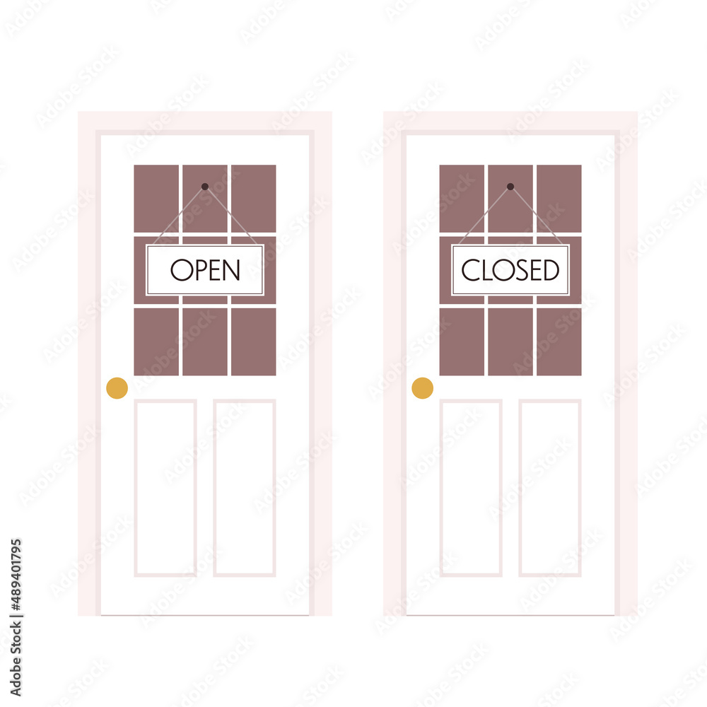 Open and Closed door with a sign Closed for No Reason. Door Cartoon ...