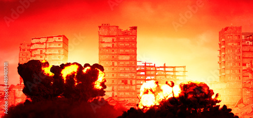 Russian raid on Kiev, Ukraine. Combat aircraft bombing sensitive targets on Kiev. Explosions caused by missiles of buildings and homes. War. 3d rendering