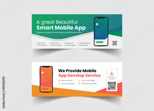 Social media banner for mobile app promotion business. Timeline cover template with creative layout