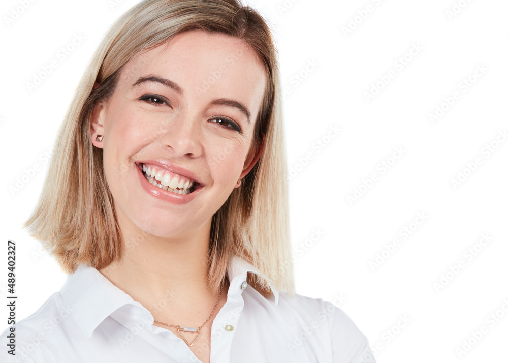 Now thats a winners smile. Studio shot of a happy young businesswoman posing against a white background. Now thats a winners smile. Studio shot of a happy young businesswoman posing against a white background.
