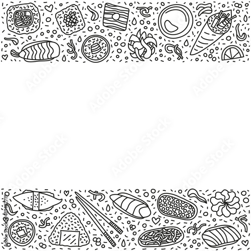 Poster with doodle sushi and rolls.