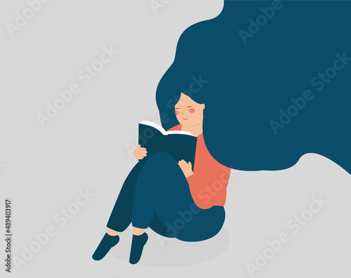 Young woman reads a book and sits on the floor. Happy girl keeps her agenda and takes notes. Jomo, joy of missing out, book therapy session, mental health, inner peace concept. Vector illustration
