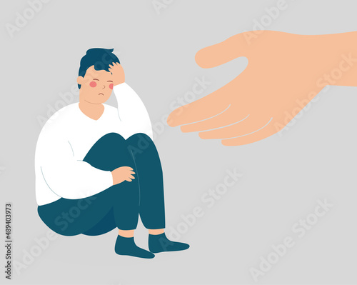 A big hand helps a young man to get rid of stress and depression. A male crying and covering his face. Lonely boy needs support and care because of anxiety, mental health illness concept. Vector