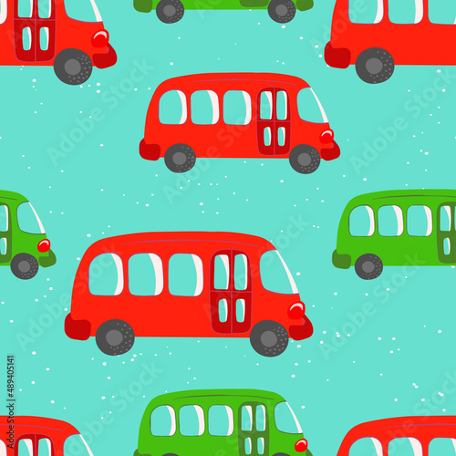 Seamless pattern with cute bus, car on color background. Cartoot transport. Vector illustration. Doodle style. Design for baby print, invitation, poster, card, fabric, textile