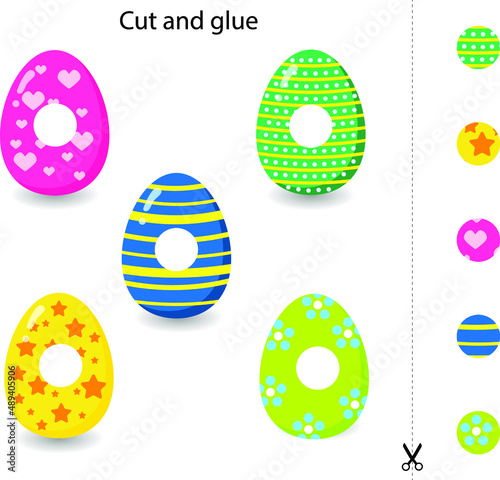 Cut and glue game for kids with cute easter eggs cutting practice for preschoolers. Game for a child early Montessori training.