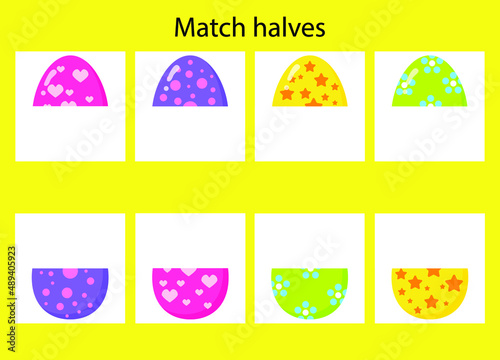 Game for a child early Montessori training. Match half of the Easter eggs. logic game for kids