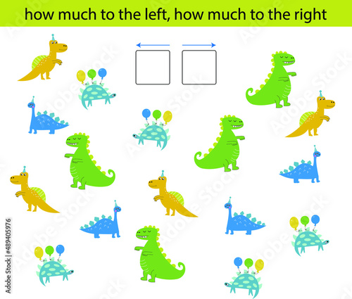 Left or right with dinosaurs. Logical worksheet for preschoolers. Montessori game for kids. A sheet for printing.