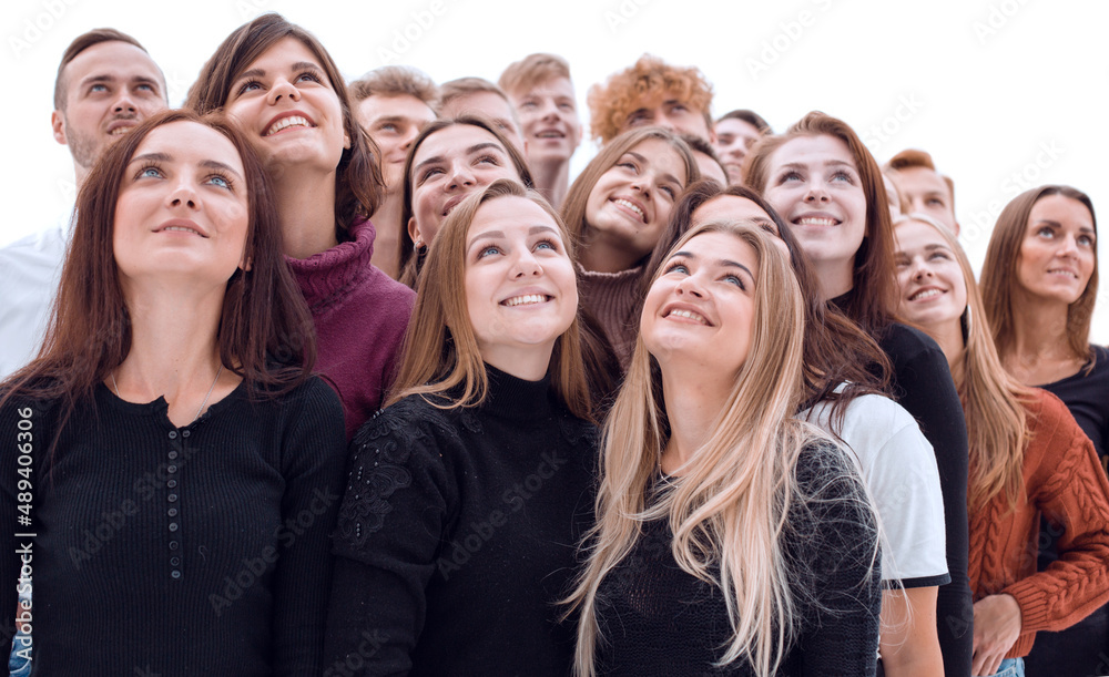 group of happy young people looking up group of happy young people looking up