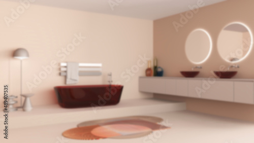 Blur background, showcase bathroom interior design, freestanding bathtub and wash basing. Round mirrors, faucets, modern carpet, floor lamp, tables. Minimalist project idea