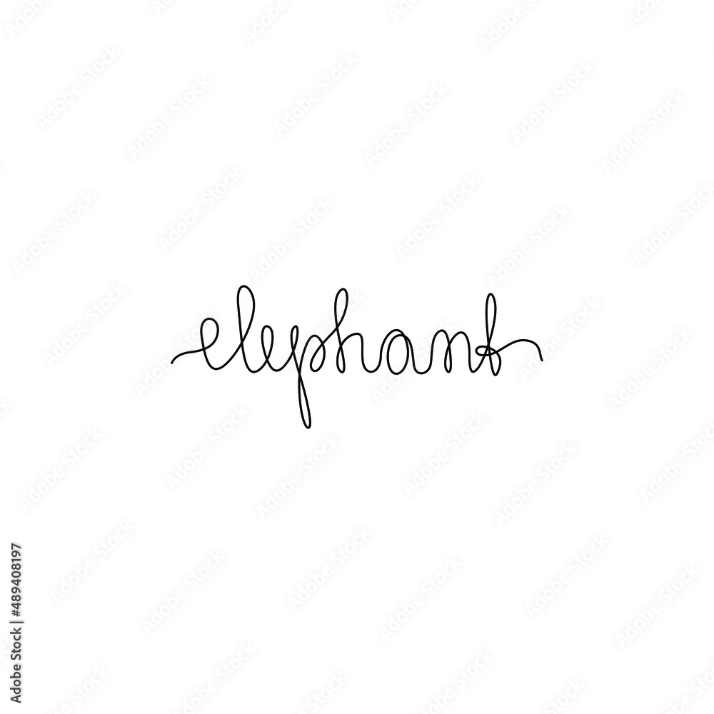 Elephant logo, inscription, continuous line drawing, hand lettering, print for clothes, t-shirt, emblem or logo design, one single line on a white background. Isolated vector illustration.