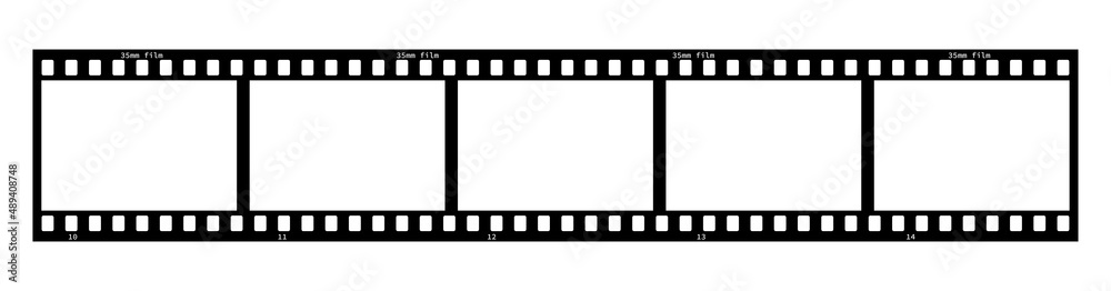 35mm film strip vector design with 5 frames on white background. Black film reel symbol illustration to use in photography, television, cinema, photo frame. 