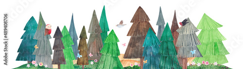 Horizontal forest landscape. Watercolor cute forest with coniferous trees. Abstract nature background. Childish illustration.