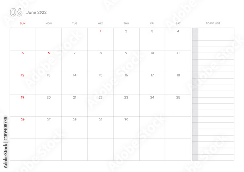 Simple June 2022 calendar template illustration.