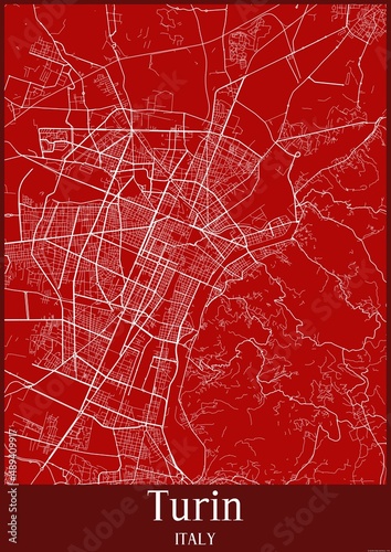 Red map of Turin Italy.