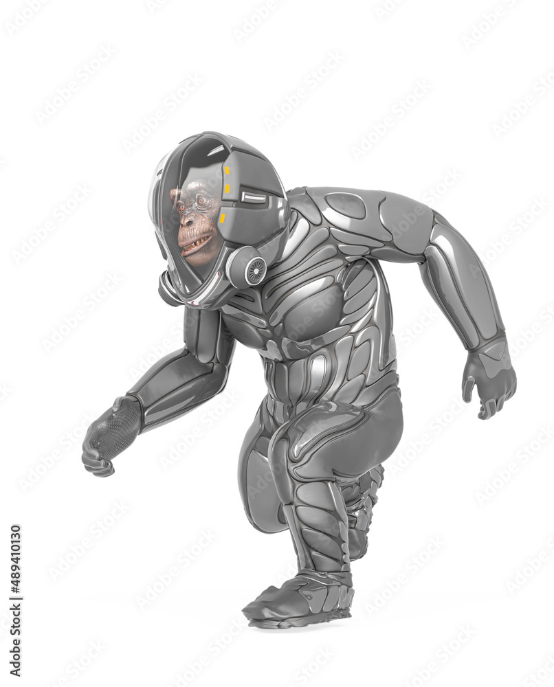 chimpanzee astronaut is running in white background
