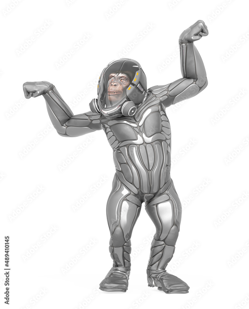 chimpanzee astronaut is showing the power in white background chimpanzee astronaut is showing the power in white background