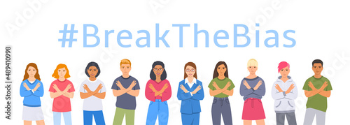 Break the bias campaign. Smiling diverse women and men stand with crossed arms pose to stop gender discrimination and fight stereotypes. People equality movement. International Women Day.