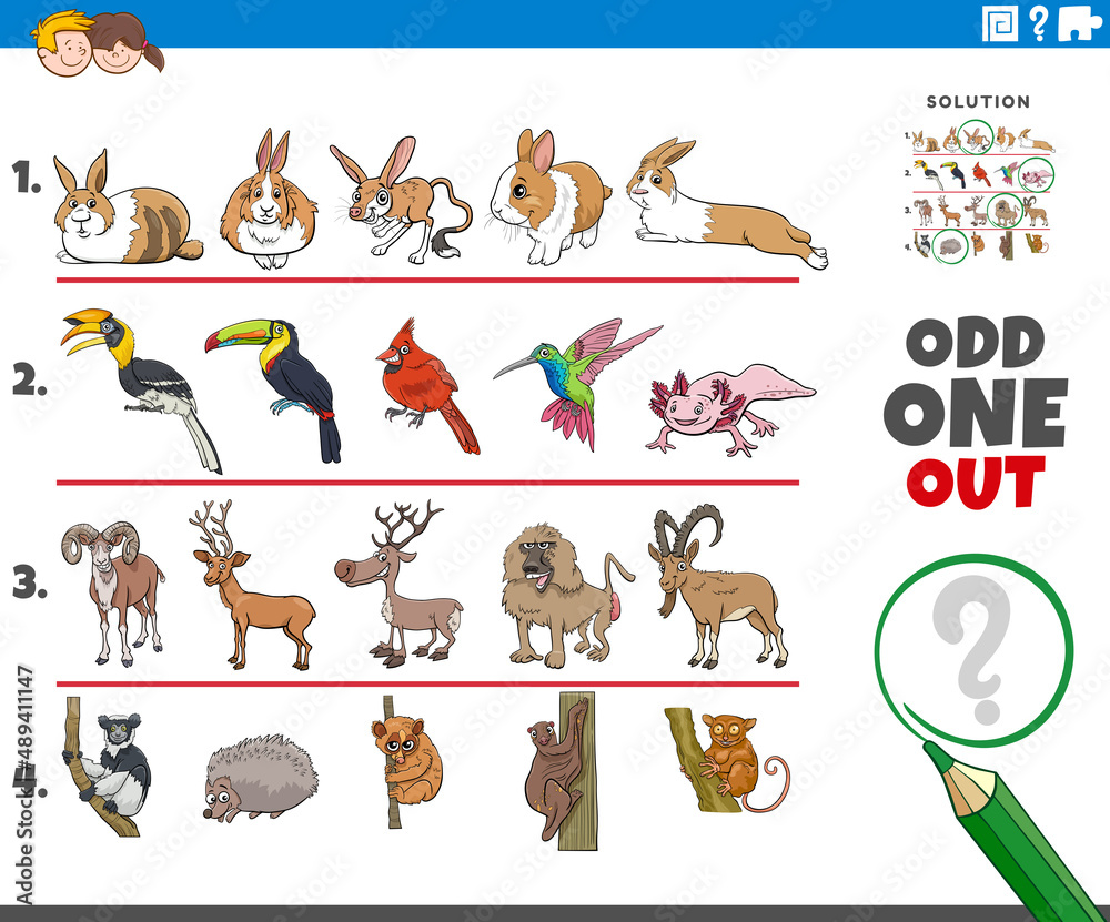 Naklejka premium odd one out task with cartoon animal characters