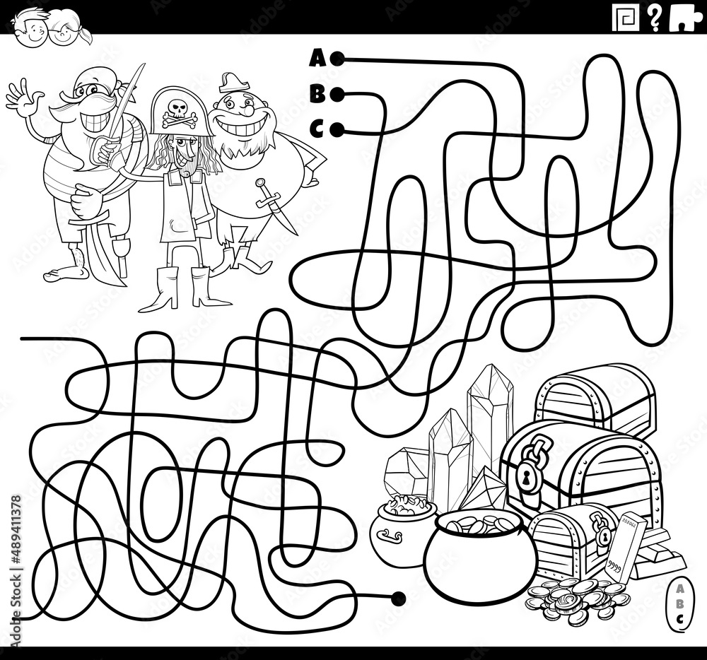 maze with cartoon pirates and treasure coloring book page