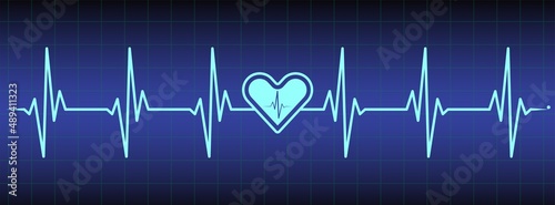 Blue ecg, ekg monitor with cardio diagnosis, heartbeat and heart. Heart rhythm line vector design to use in healhcare, healthy lifestyle, medicine and ekg, ecg concept illustration projects.