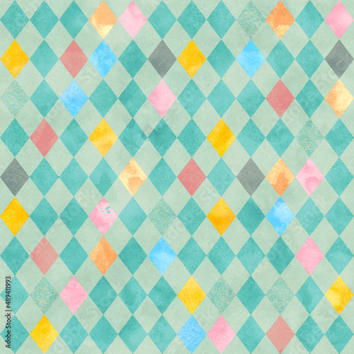 Alice in Wonderland style watercolor seamless pattern with grunge diamond victorian background