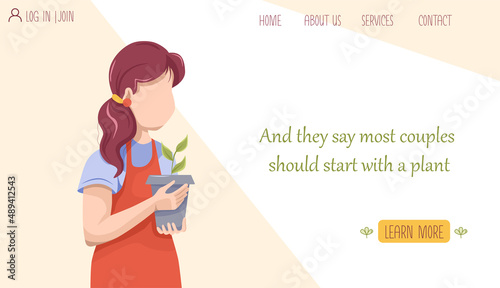 Woman with a potted plant. Shop with plants and seeds, growing vegetables at home, healthy eating concept. Vector illustration for poster, banner, website, advertisement.