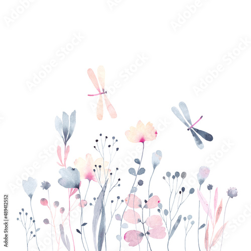 Watercolor flowers on white background. Summer meadow. Illustration for card, poster, banner or your other design.