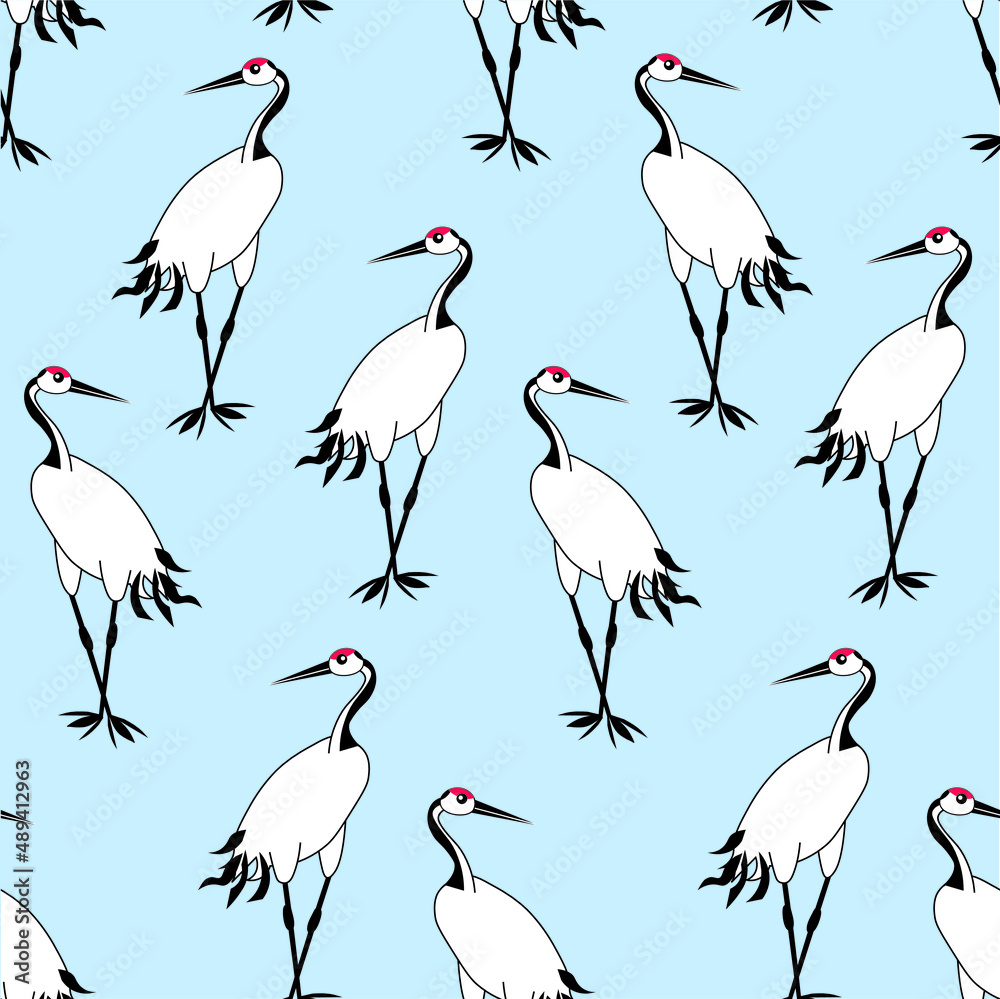 Obraz premium Japanese crane on blue seamless pattern. Art design outline monochrome stock vector illustration for web, for print