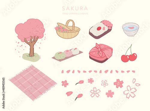 Set of isolated sakura hanami hand drawn picnic elements