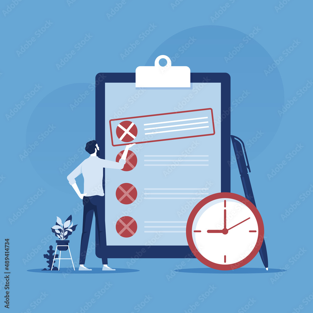 Task management, project Manager standing near check list and planning iterations, scrum task board full of tasks on sticky note cards, time management vector concept