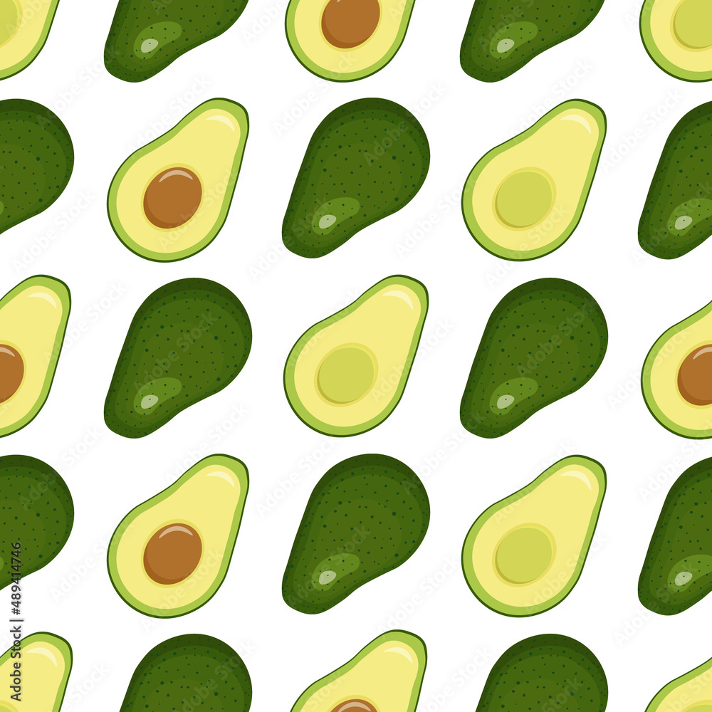 Seamless pattern with halves and a whole avocado in a tilt. Avocado pattern. Vector image