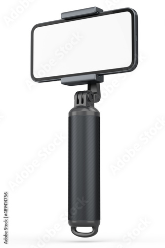 Realistic smartphone with blank white screen and selfie stick isolated on white