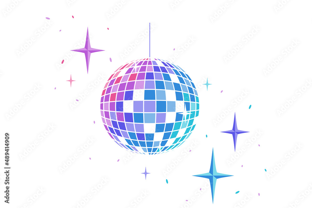 Mirror ball for disco, dance club, party. Bright colored rotating disco ball with glare of light on a white background. Vector illustration - eps10. - obrazy, fototapety, plakaty 