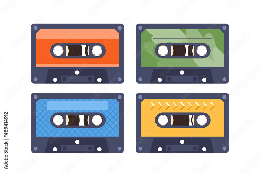 Set of four music tape cassettes. Vector illustration - retro audio cassettes isolated on a white background. Flat style front side.