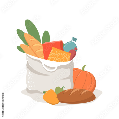 Flat illustration of a grocery bag full of food and vegetables. Shopping for groceries, fresh delicious foods to eat, natural organic products. Eco-friendly concept, no plastic. Vector.