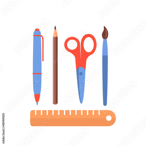 Illustration of a ballpoint pen, scissors, pencils, ruler, paper clips. Vector set of office supplies on a white background. Flat illustration of school set, office supplies.